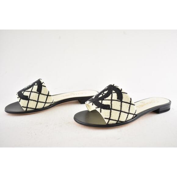 Chanel 20P Black White Pearl Embroidery CC Logo Slide Slip Sandal Mule Flat 35 - Picture 15 of 16